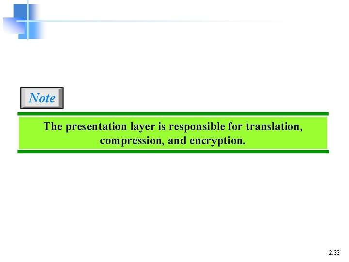 Note The presentation layer is responsible for translation, compression, and encryption. 2. 33 