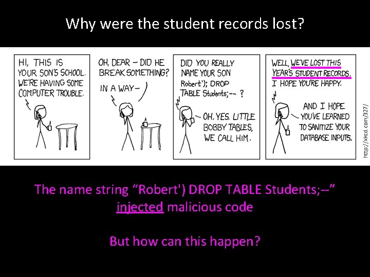 http: //xkcd. com/327/ Why were the student records lost? The name string “Robert') DROP