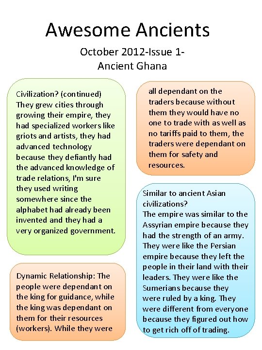 Awesome Ancients October 2012 -Issue 1 Ancient Ghana Civilization? (continued) They grew cities through