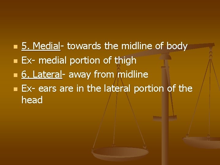 n n 5. Medial- towards the midline of body Ex- medial portion of thigh