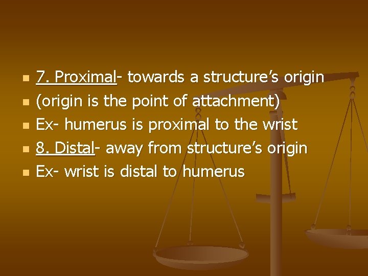 n n n 7. Proximal- towards a structure’s origin (origin is the point of