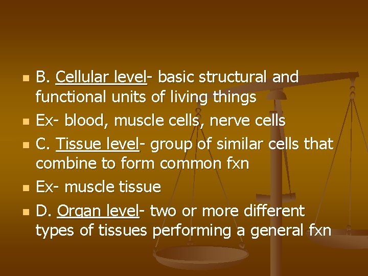 n n n B. Cellular level- basic structural and functional units of living things