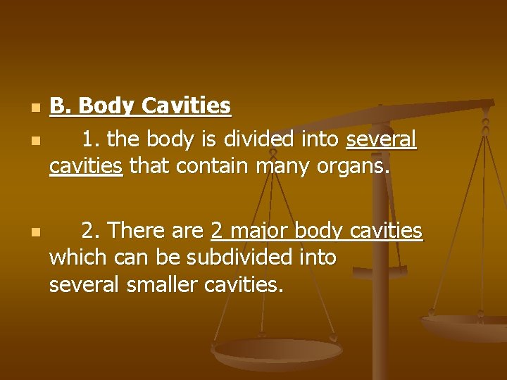 n n n B. Body Cavities 1. the body is divided into several cavities