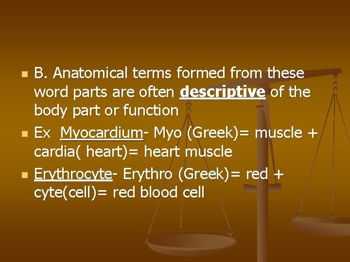 n n n B. Anatomical terms formed from these word parts are often descriptive