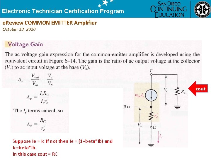 Electronic Technician Certification Program e. Review COMMON EMITTER Amplifier October 13, 2020 zout Suppose