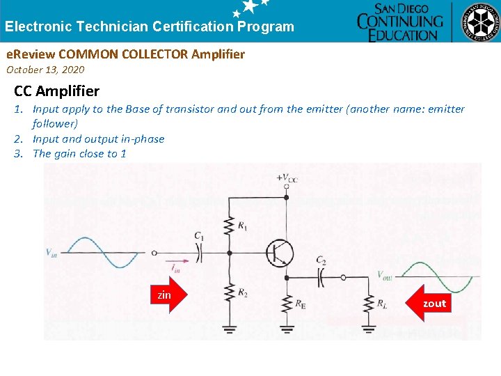 Electronic Technician Certification Program e. Review COMMON COLLECTOR Amplifier October 13, 2020 CC Amplifier