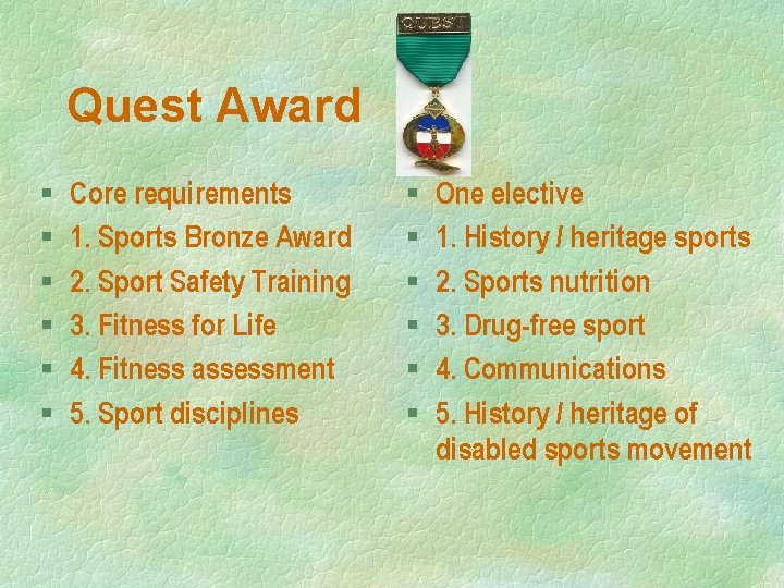 Quest Award § § § Core requirements 1. Sports Bronze Award 2. Sport Safety