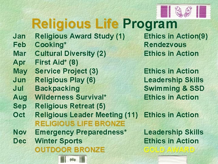 Religious Life Program Jan Feb Mar Apr May Jun Jul Aug Sep Oct Nov