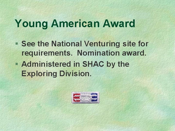 Young American Award § See the National Venturing site for requirements. Nomination award. §