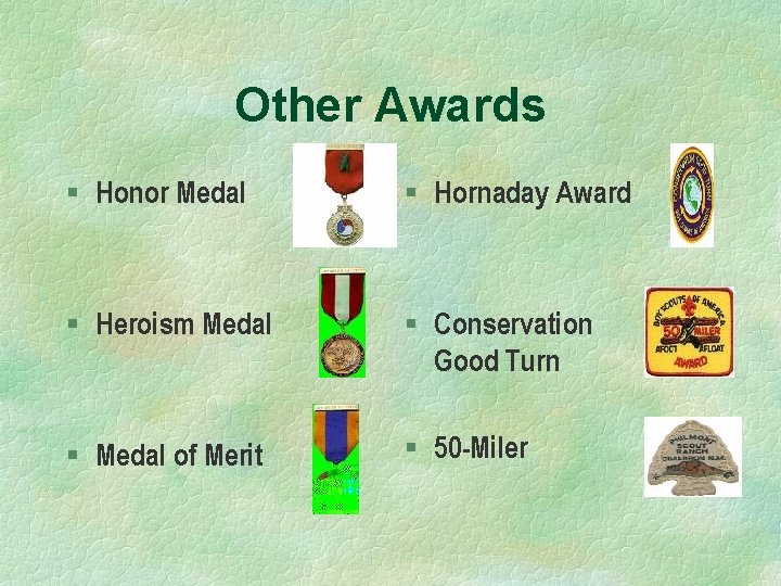 Other Awards § Honor Medal § Hornaday Award § Heroism Medal § Conservation Good