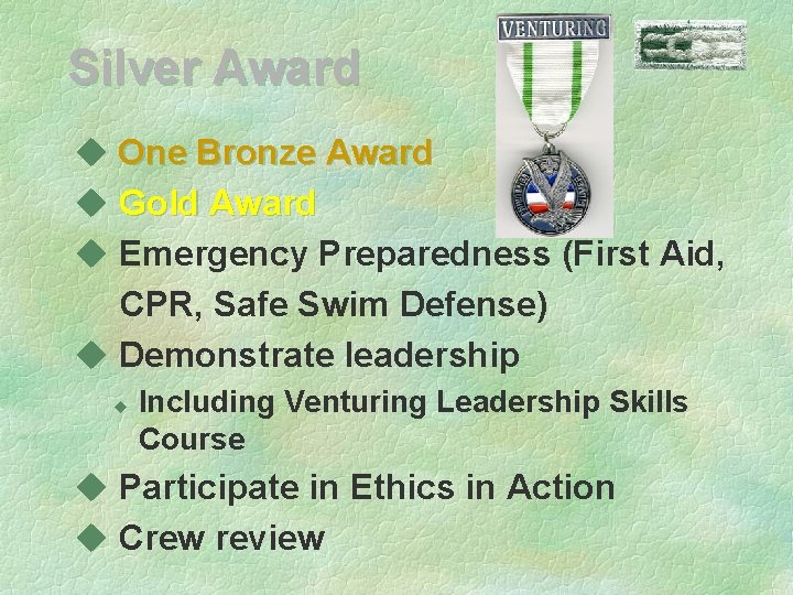 Silver Award u One Bronze Award u Gold Award u Emergency Preparedness (First Aid,