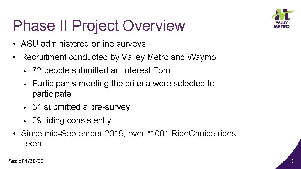 Phase II Project Overview • ASU administered online surveys • Recruitment conducted by Valley