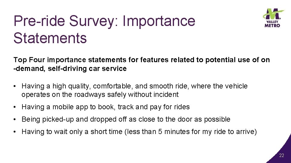 Pre-ride Survey: Importance Statements Top Four importance statements for features related to potential use