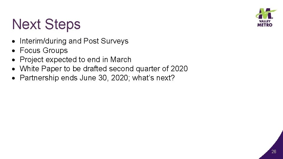 Next Steps Interim/during and Post Surveys Focus Groups Project expected to end in March