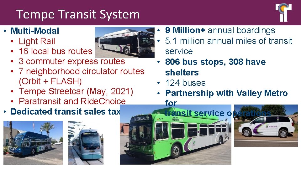 Tempe Transit System • Multi-Modal • Light Rail • 16 local bus routes •