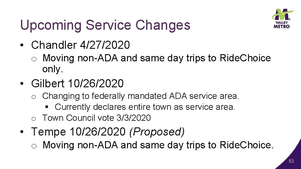 Upcoming Service Changes • Chandler 4/27/2020 o Moving non-ADA and same day trips to