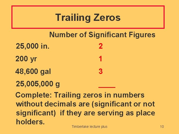 Trailing Zeros Number of Significant Figures 25, 000 in. 2 200 yr 1 48,