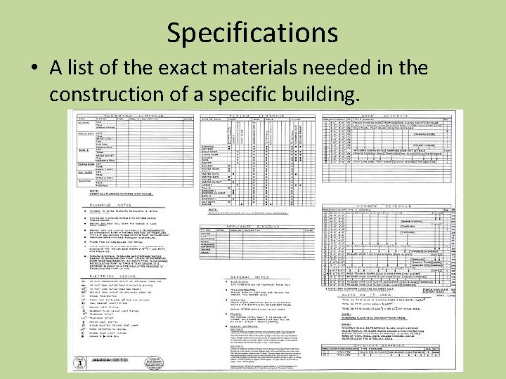 Specifications • A list of the exact materials needed in the construction of a