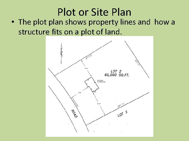 Plot or Site Plan • The plot plan shows property lines and how a