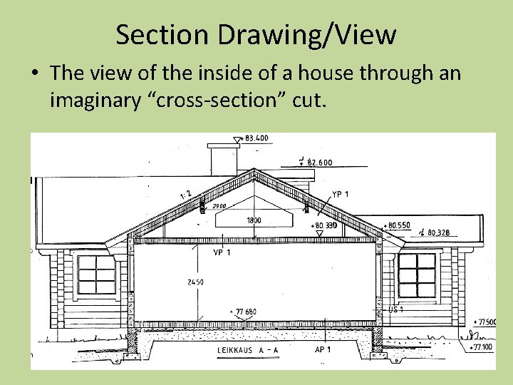 Section Drawing/View • The view of the inside of a house through an imaginary
