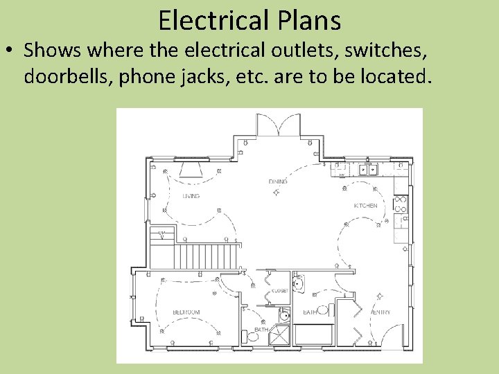 Electrical Plans • Shows where the electrical outlets, switches, doorbells, phone jacks, etc. are