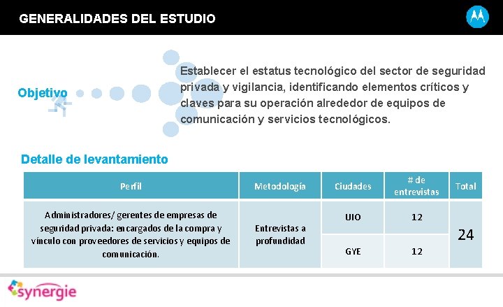 GENERALIDADES DEL ESTUDIO Establecer el estatus tecnológico del sector de seguridad privada y vigilancia,