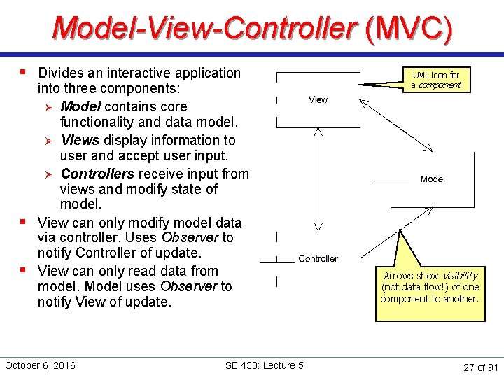 Model-View-Controller (MVC) § Divides an interactive application into three components: Ø Model contains core