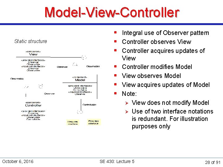Model-View-Controller Static structure § Integral use of Observer pattern § Controller observes View §
