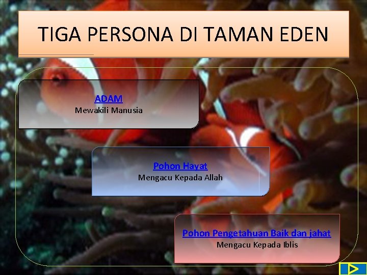 TIGA PERSONA DI TAMAN EDEN ADAM Mewakili Manusia Pohon Hayat Mengacu Kepada Allah Pohon