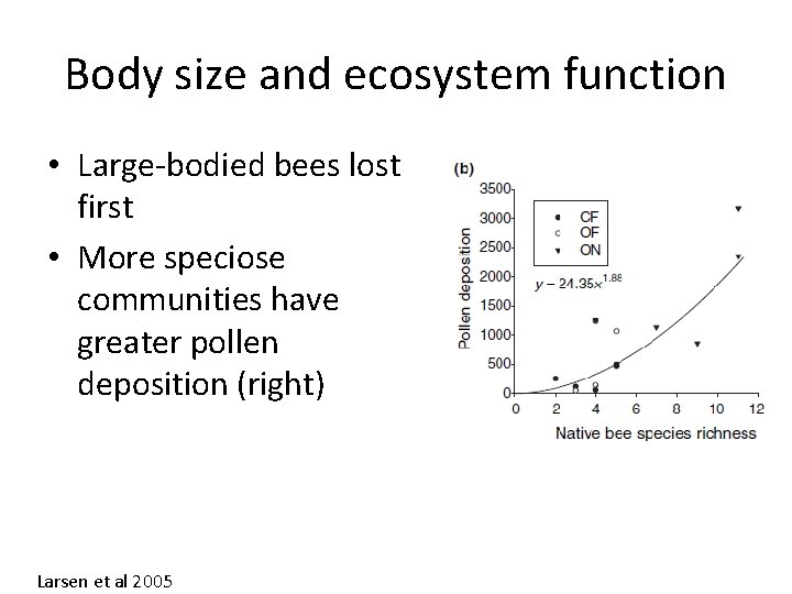 Body size and ecosystem function • Large-bodied bees lost first • More speciose communities