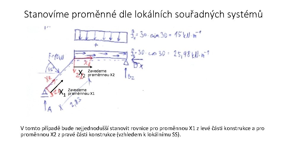 Stanovíme proměnné dle lokálních souřadných systémů X 2 Zavedeme proměnnou X 2 X 1