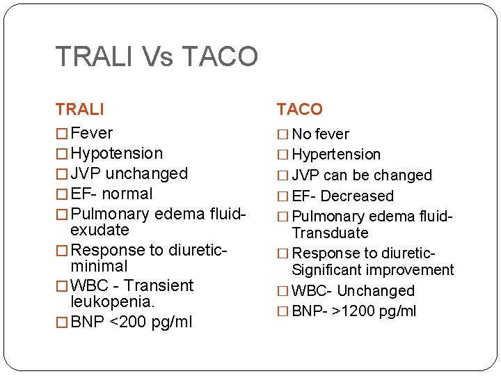 TRALI Vs TACO TRALI � Fever � Hypotension � JVP unchanged � EF- normal