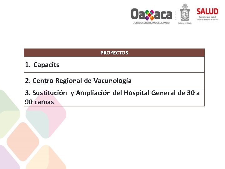 PROYECTOS 1. Capacits 2. Centro Regional de Vacunología 3. Sustitución y Ampliación del Hospital