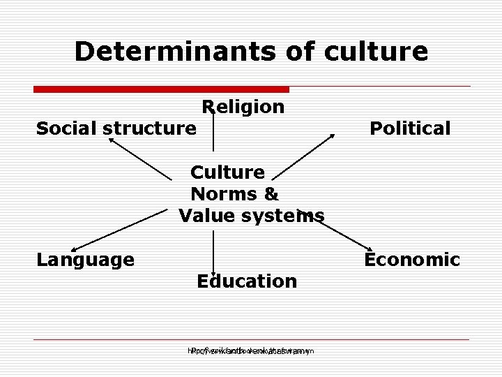 Determinants of culture Social structure Religion Political Culture Norms & Value systems Language Education