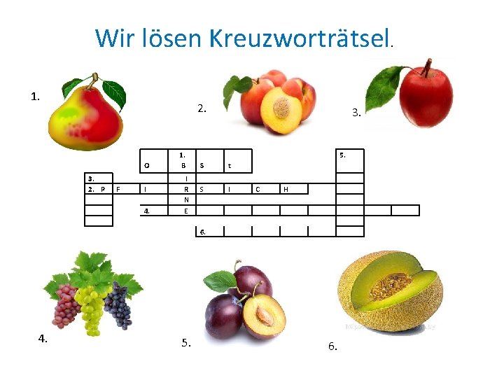 Wir lӧsen Kreuzworträtsel. 1. 2. O 3. 2. P F I 4. 1. B