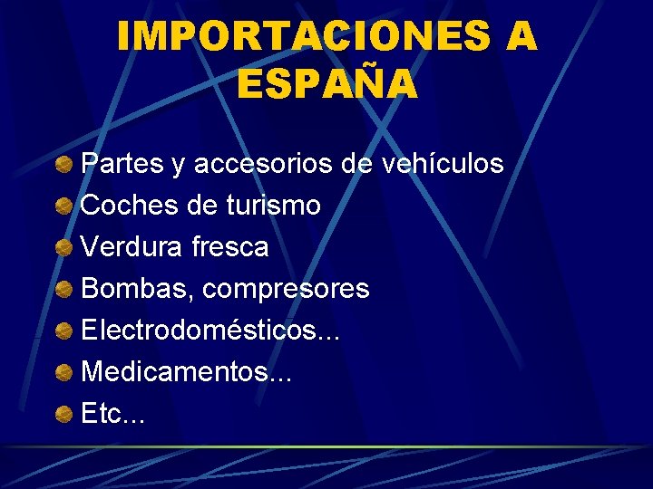 IMPORTACIONES A ESPAÑA Partes y accesorios de vehículos Coches de turismo Verdura fresca Bombas,