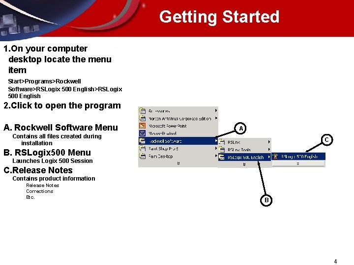 Getting Started 1. On your computer desktop locate the menu item Start>Programs>Rockwell Software>RSLogix 500