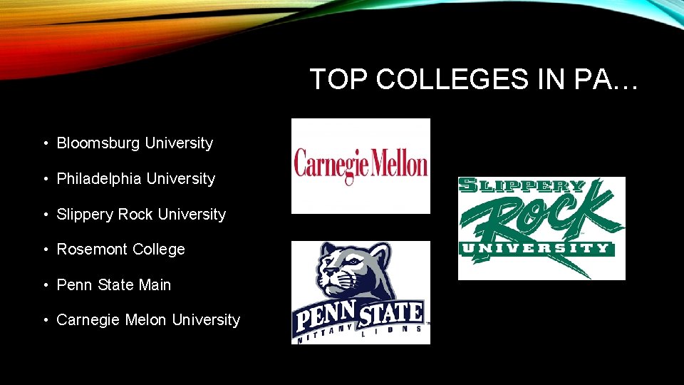 TOP COLLEGES IN PA… • Bloomsburg University • Philadelphia University • Slippery Rock University