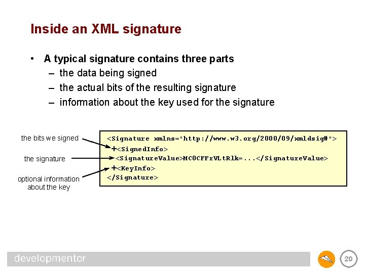 Inside an XML signature • A typical signature contains three parts – the data