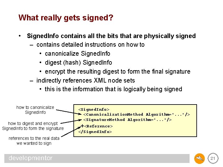 What really gets signed? • Signed. Info contains all the bits that are physically