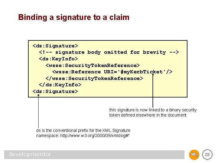 Binding a signature to a claim <ds: Signature> <!-- signature body omitted for brevity