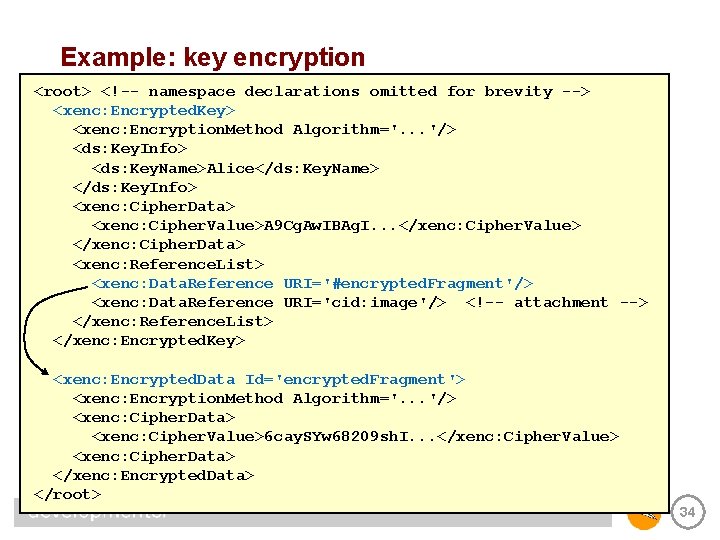 Example: key encryption <root> <!-- namespace declarations omitted for brevity --> <xenc: Encrypted. Key>