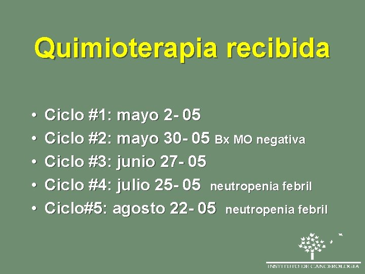 Quimioterapia recibida • • • Ciclo #1: mayo 2 - 05 Ciclo #2: mayo