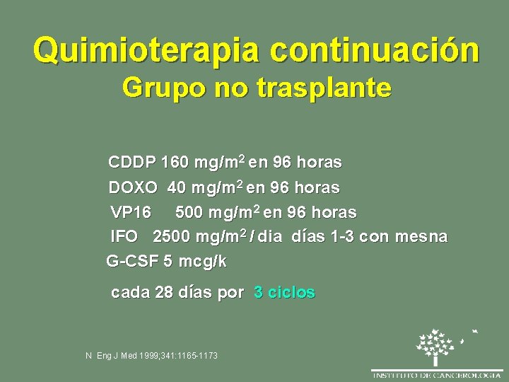 Quimioterapia continuación Grupo no trasplante CDDP 160 mg/m 2 en 96 horas DOXO 40