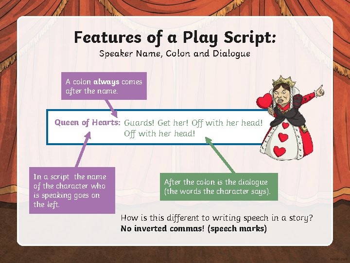 Features of a Play Script: Speaker Name, Colon and Dialogue A colon always comes Features of a Play Script: Speaker Name, Colon and Dialogue A colon always comes