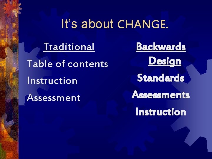 It’s about CHANGE. Traditional Table of contents Instruction Assessment Backwards Design Standards Assessments Instruction