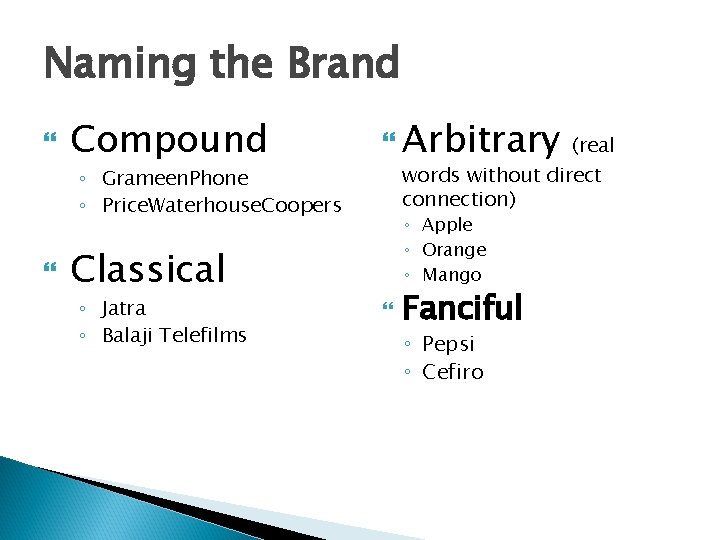 Naming the Brand Compound ◦ Grameen. Phone ◦ Price. Waterhouse. Coopers Arbitrary (real words