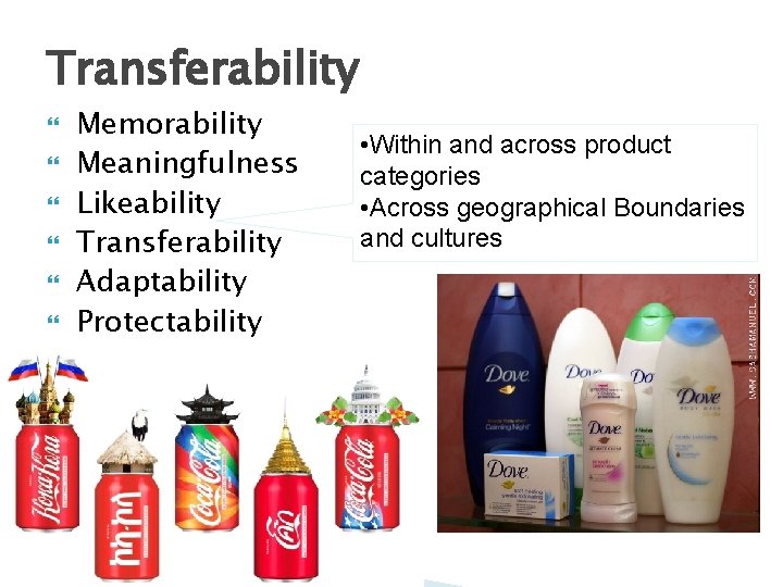 Transferability Memorability Meaningfulness Likeability Transferability Adaptability Protectability • Within and across product categories •